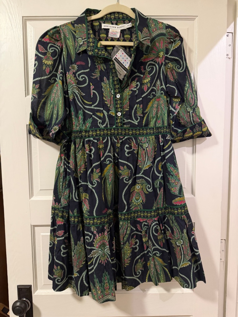 Gretchen Scott Designs Navy Dress with Green and Pink Paisley Print